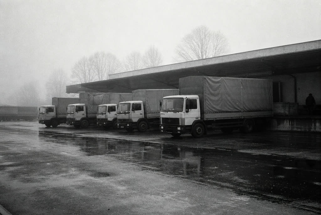 Speditionshof mit Lkw an der Laderampe im Morgennebel