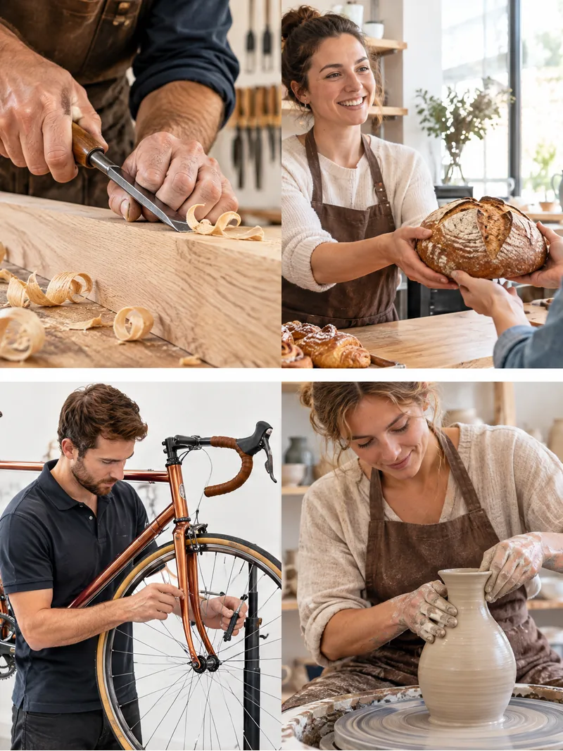 Vier Motive: Stechbeitel auf einer Holzbohle, Bäckerei mit Brotverkauf, Fahrradwerkstatt, Töpferscheibe