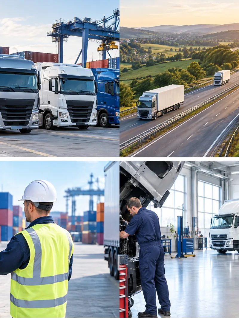 Vier Motive: Sattelzüge am Containerterminal, Lastwagen auf der Autobahn, Kontrolle am Container, Lkw-Werkstatt